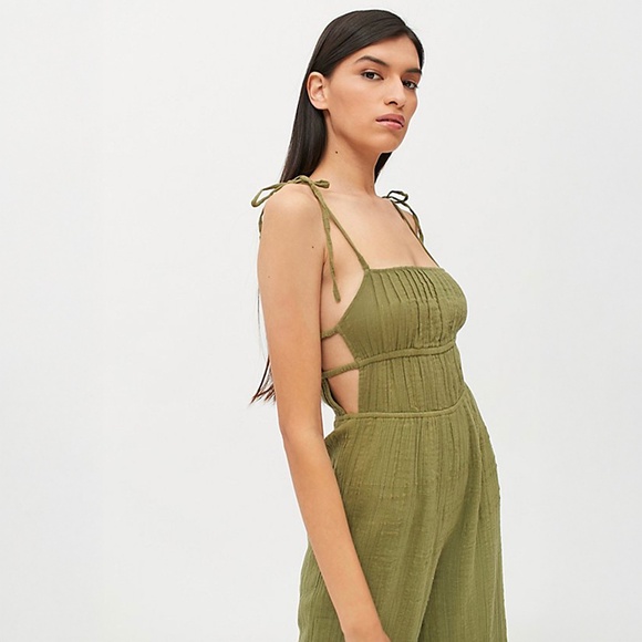 Urban Outfitters Pants - Urban Outfitters Olive Green Courtney Cotton Tie Shoulder Jumpsuit Size Medium